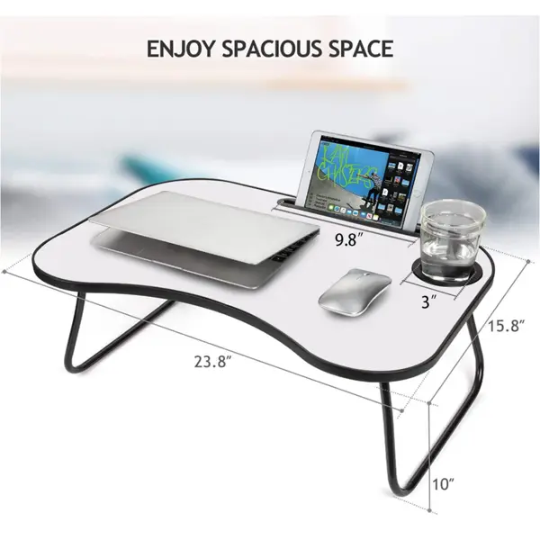 Portable Laptop Desk, Gray And White Matte Metal And Wood Construction, Foldable Design With Cup Holder, 26.5 X 18.5 Inches, For Bed, Car, Couch, Home & Outdoor Use (Grey+White Matte)