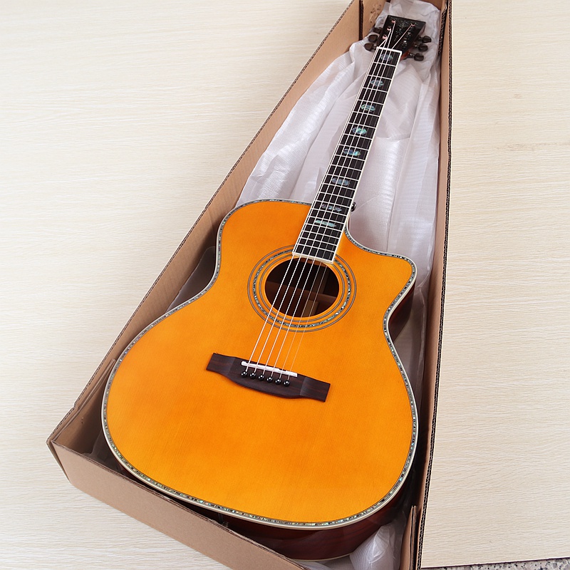 High Quality Full Solid Wood Acoustic Guitar with EQ Cutaway Design 40 Inch 6String Round Fret High Glossy Folk Guitarra Natural